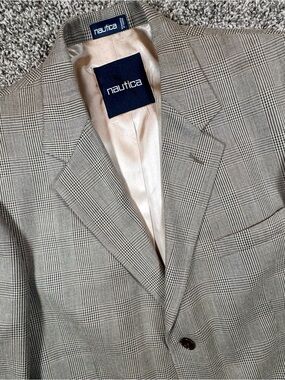 Nautica Men’s 44L Silk Wool Tan Glen‎ Plaid Sport coat Blazer Jacket VTG 1990s